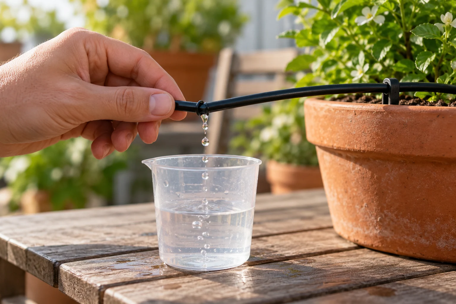 Agua de un gotero recogida en un recipiente transparente