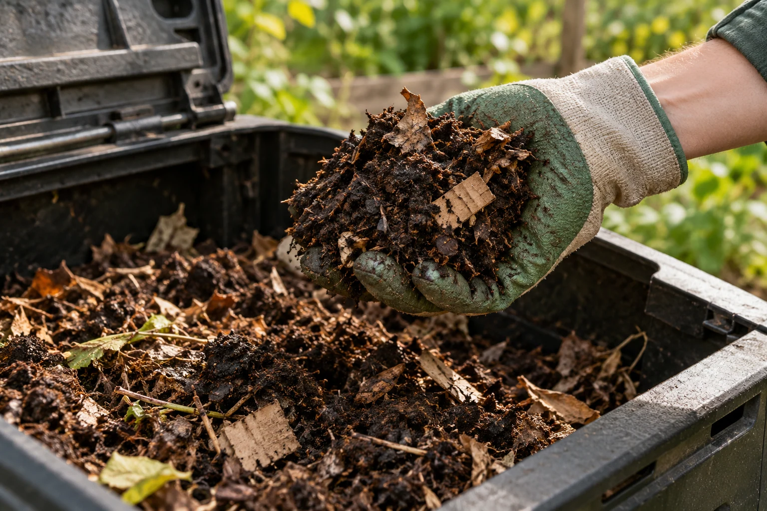 Una mano enguantada comprueba la humedad de una mezcla de compost sobre una compostera abierta