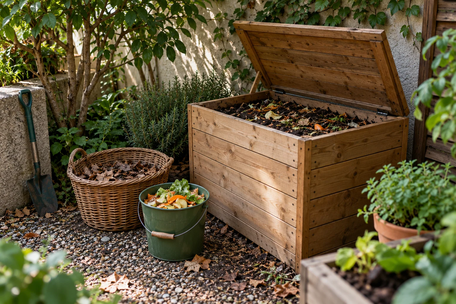 Compostera de madera en un patio junto a un cubo de restos vegetales y un cesto de hojas secas
