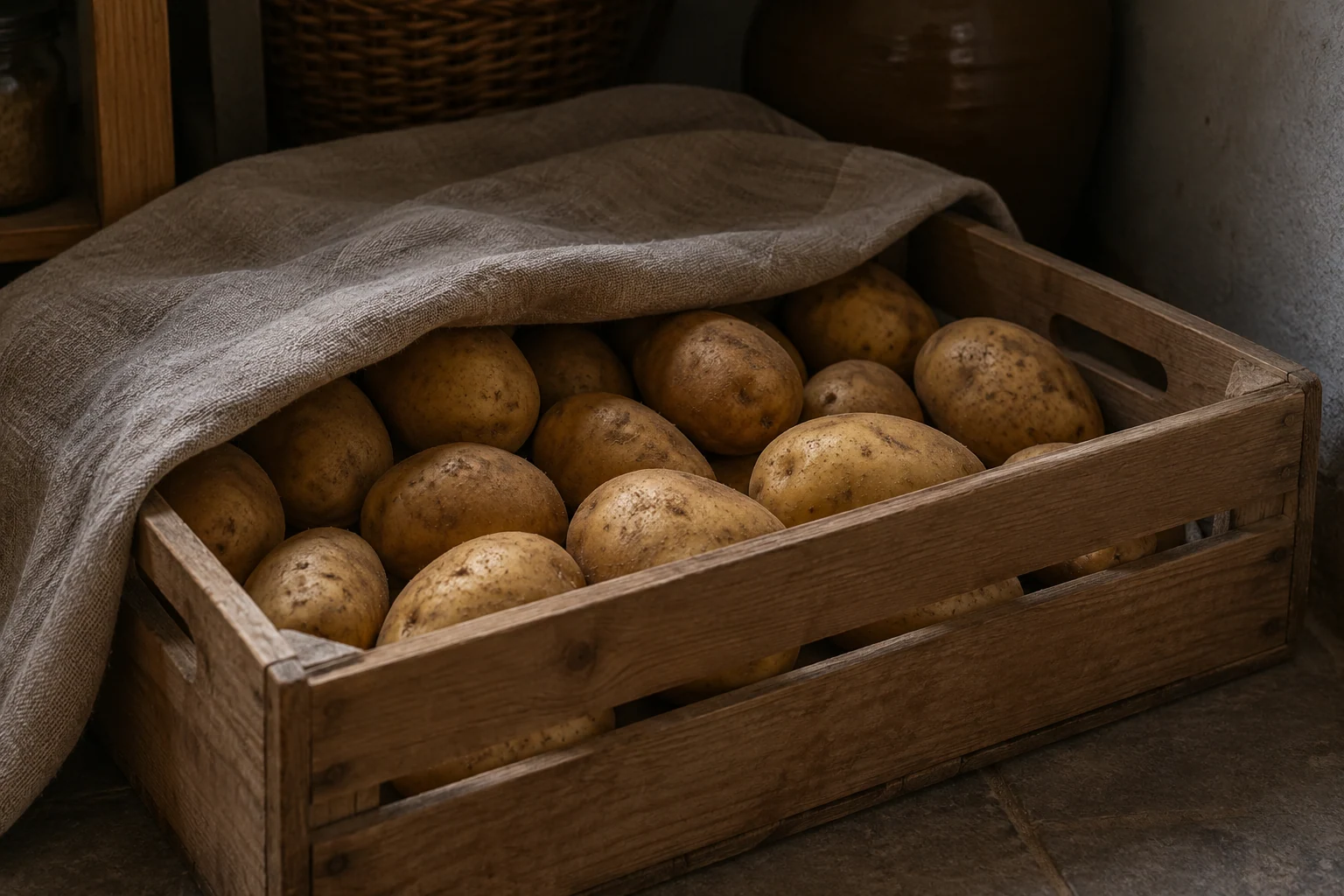 Caja ventilada con patatas secas en un lugar fresco protegido de la luz