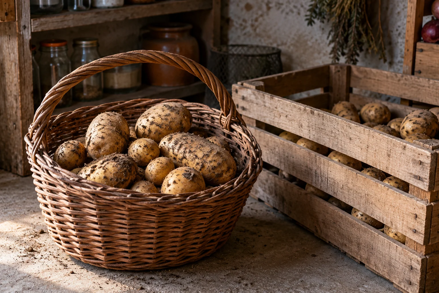 Patatas del huerto en una cesta junto a una caja de madera ventilada