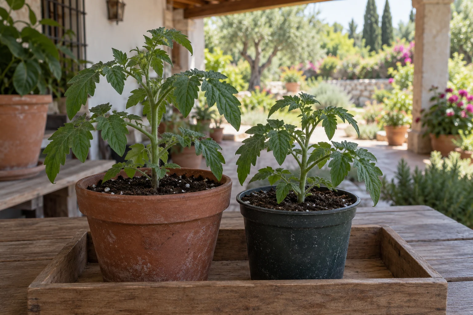Dos plantones de tomate en macetas bajo la sombra de un porche, con un jardín luminoso al fondo