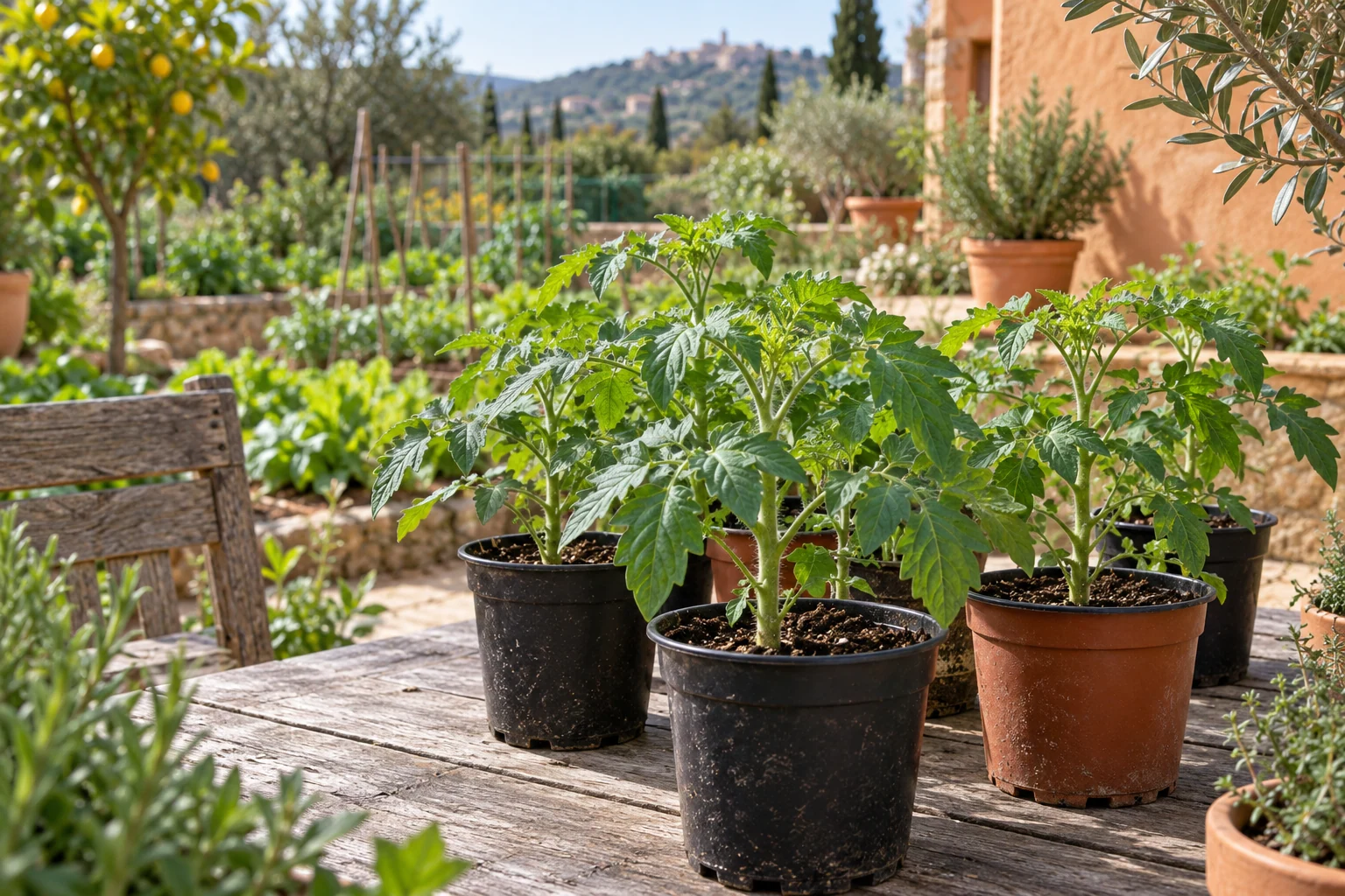 Plantones de tomate en macetas de vivero sobre una mesa en un huerto