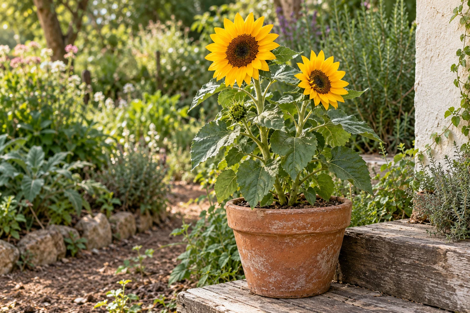 Un girasol compacto de flores amarillas crece en una maceta de barro sobre un patio con vegetación verde y una pared de tierra clara