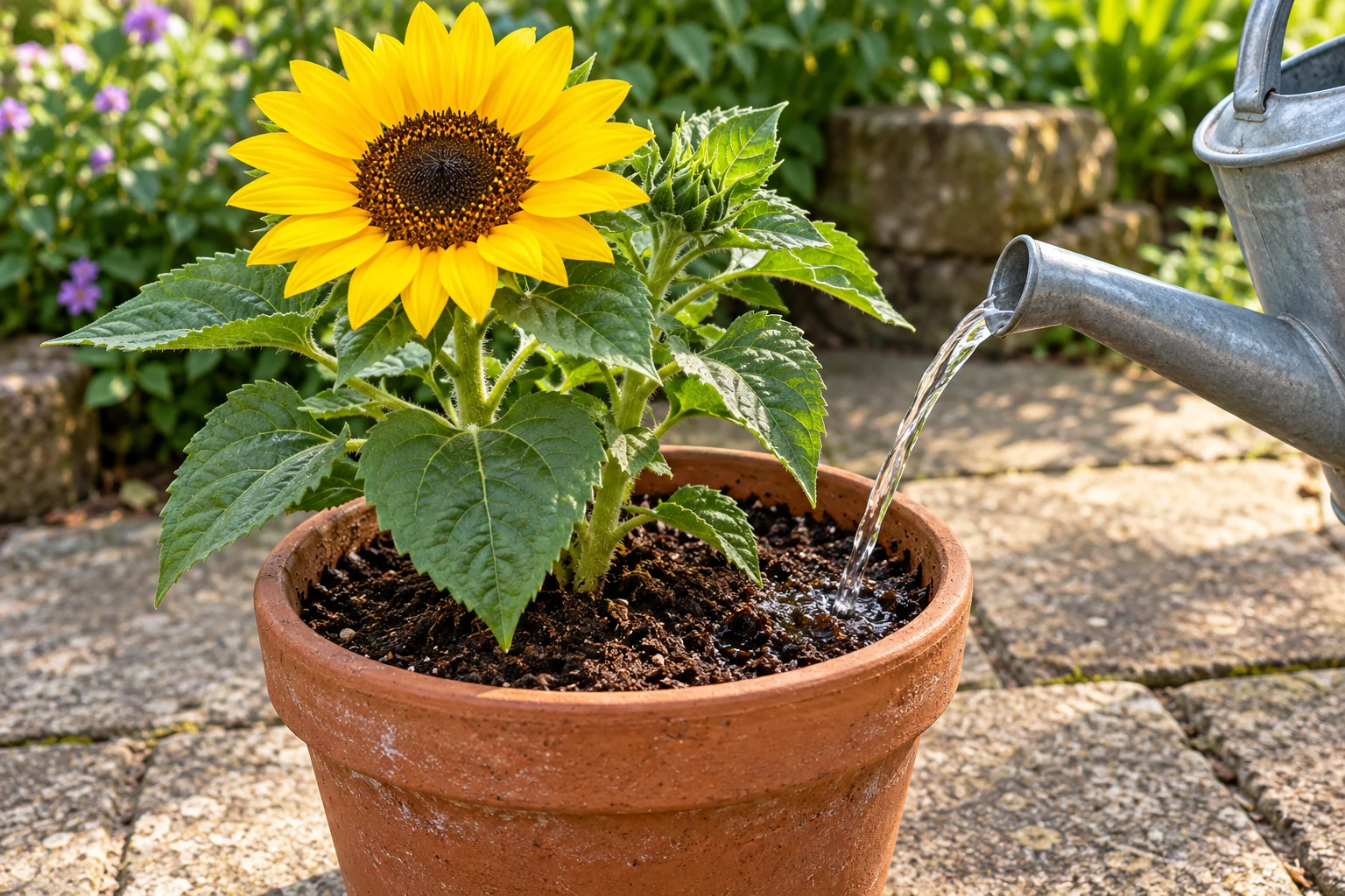 Una regadera dirige un chorro suave al sustrato de un girasol compacto, sin mojar la flor ni las hojas