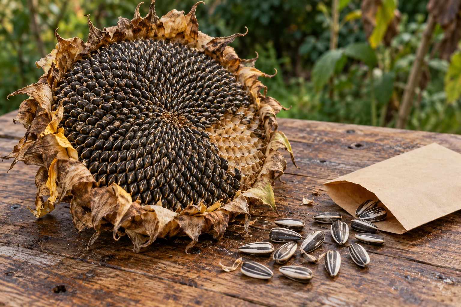 Una cabezuela madura y seca de girasol sobre una mesa de madera, con algunas semillas desprendidas junto a un sobre de papel sin texto