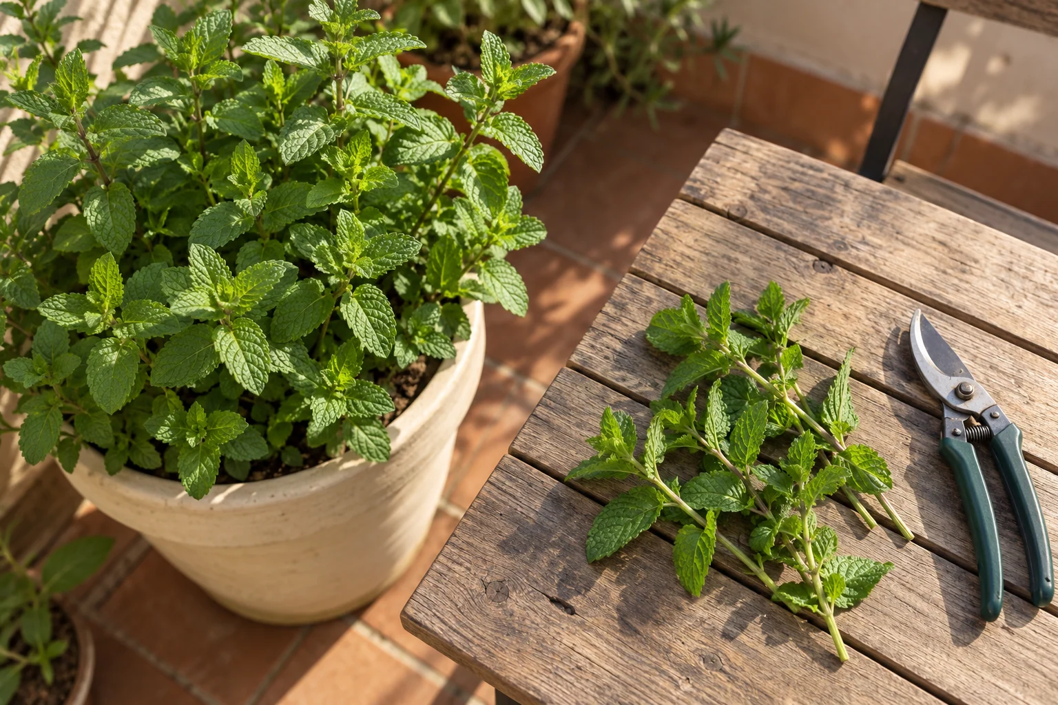 Una planta de hierbabuena en una maceta propia en una terraza luminosa