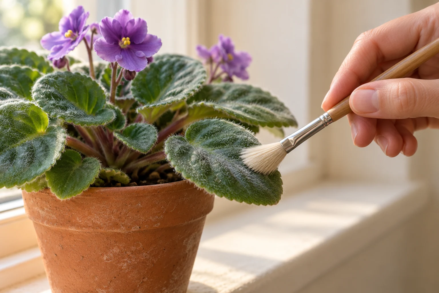 Un pincel muy blando retira polvo de una hoja vellosa de violeta africana sin mojarla