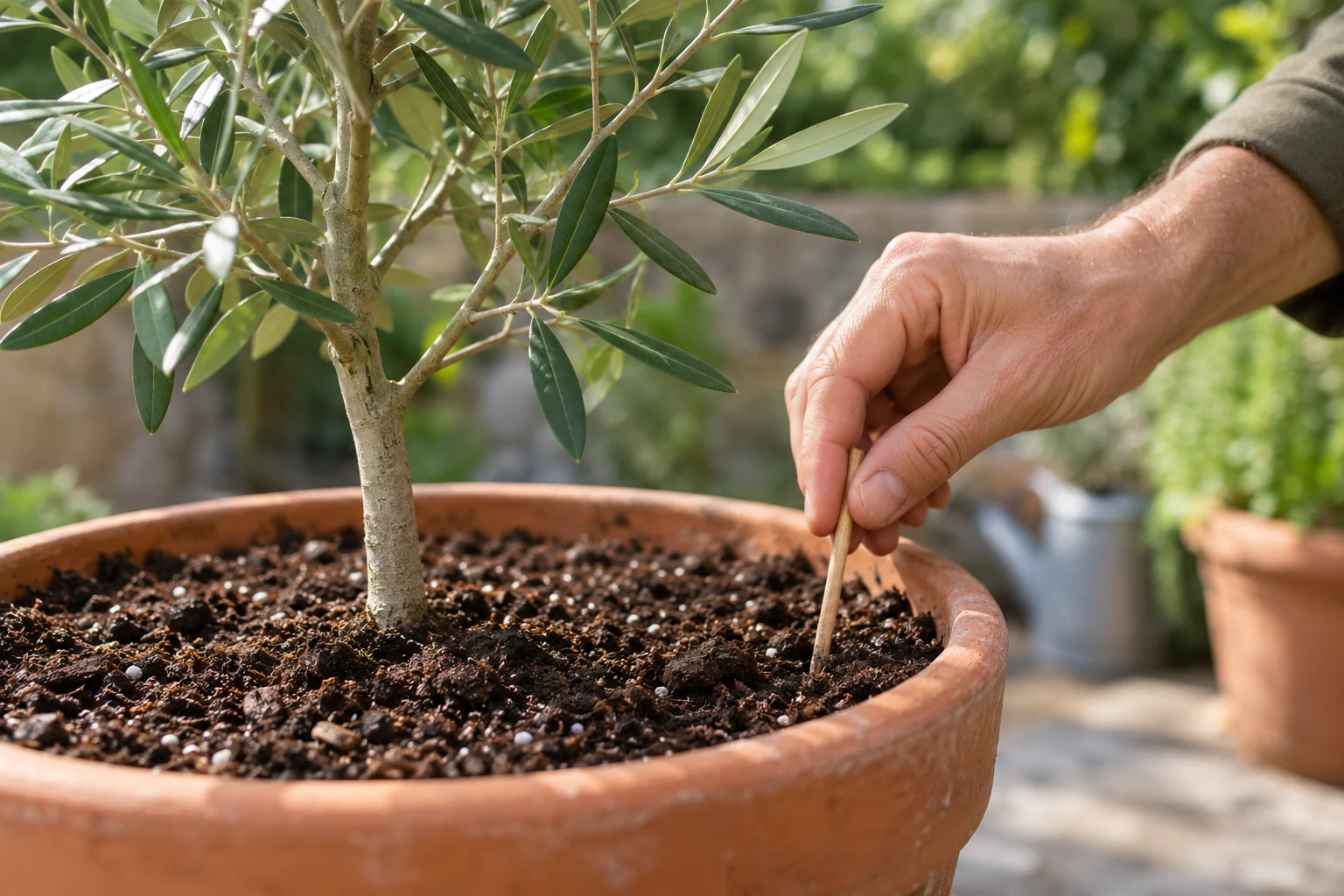 Una mano introduce un palito cerca del borde de la maceta de un olivo