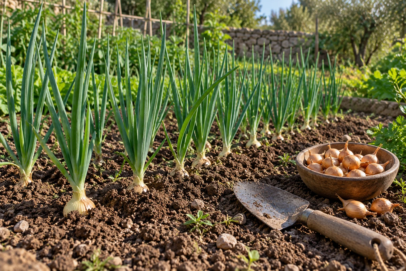 Cebollas jóvenes en un pequeño huerto junto a herramientas y bulbillos