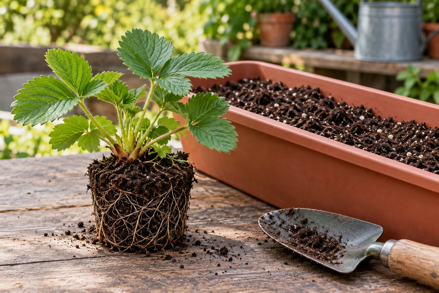 Plantón de fresa y jardinera preparados para el trasplante