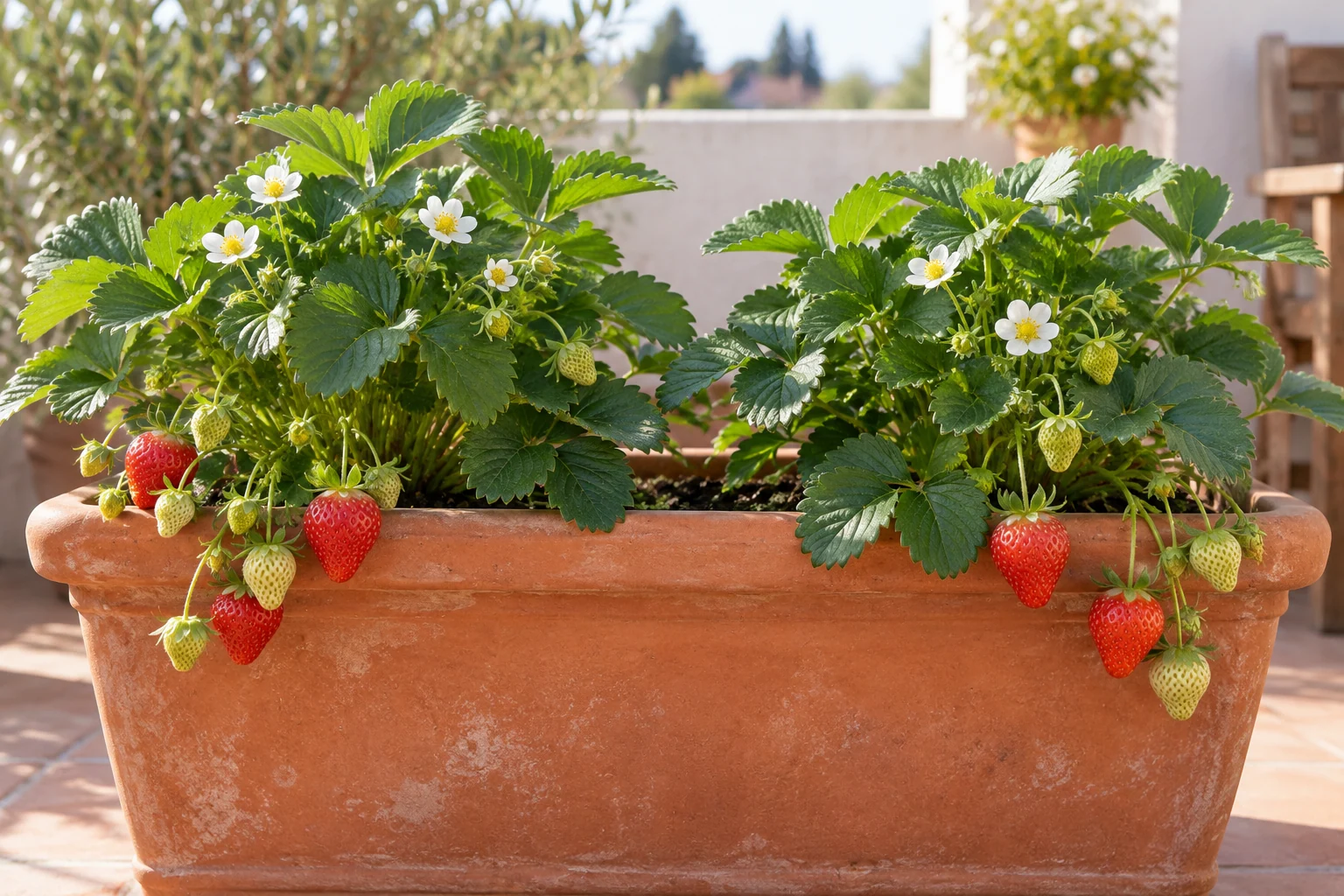 Freseras con flores y frutos en una jardinera de barro en una terraza