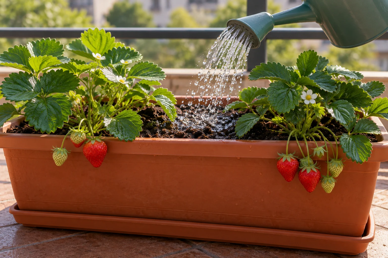 Regadera pequeña junto a una jardinera con freseras