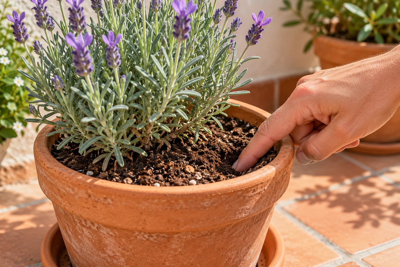 Una mano comprueba la humedad del sustrato en el borde de una maceta con lavanda