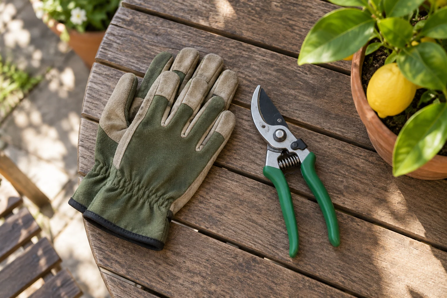 Tijeras de poda limpias y guantes junto a una maceta con un limonero