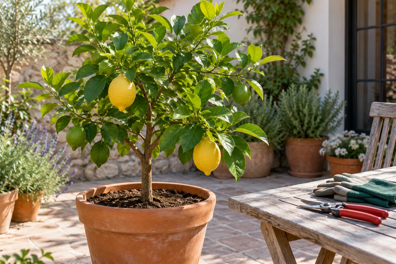 Limonero joven en maceta en un patio junto a guantes y tijeras de poda