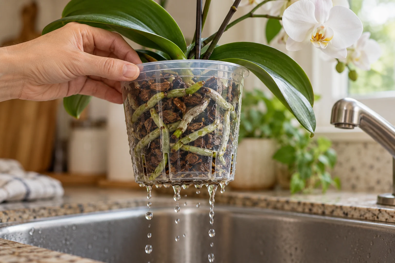 Maceta transparente de orquídea levantada sobre un fregadero mientras el agua cae por los agujeros