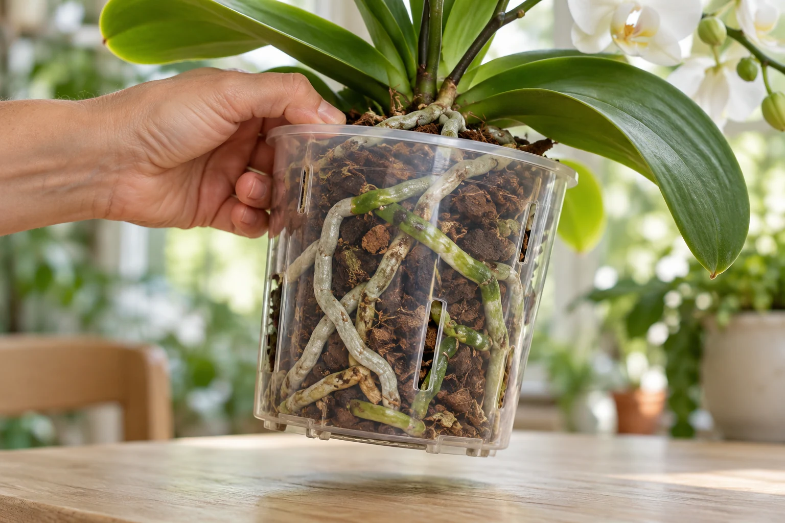 Una mano levanta una maceta transparente con corteza y raíces visibles de una orquídea