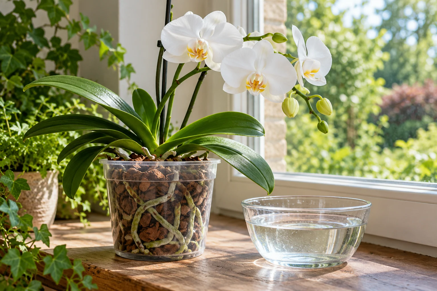Orquídea Phalaenopsis blanca en una maceta transparente con corteza, junto a un cuenco de agua