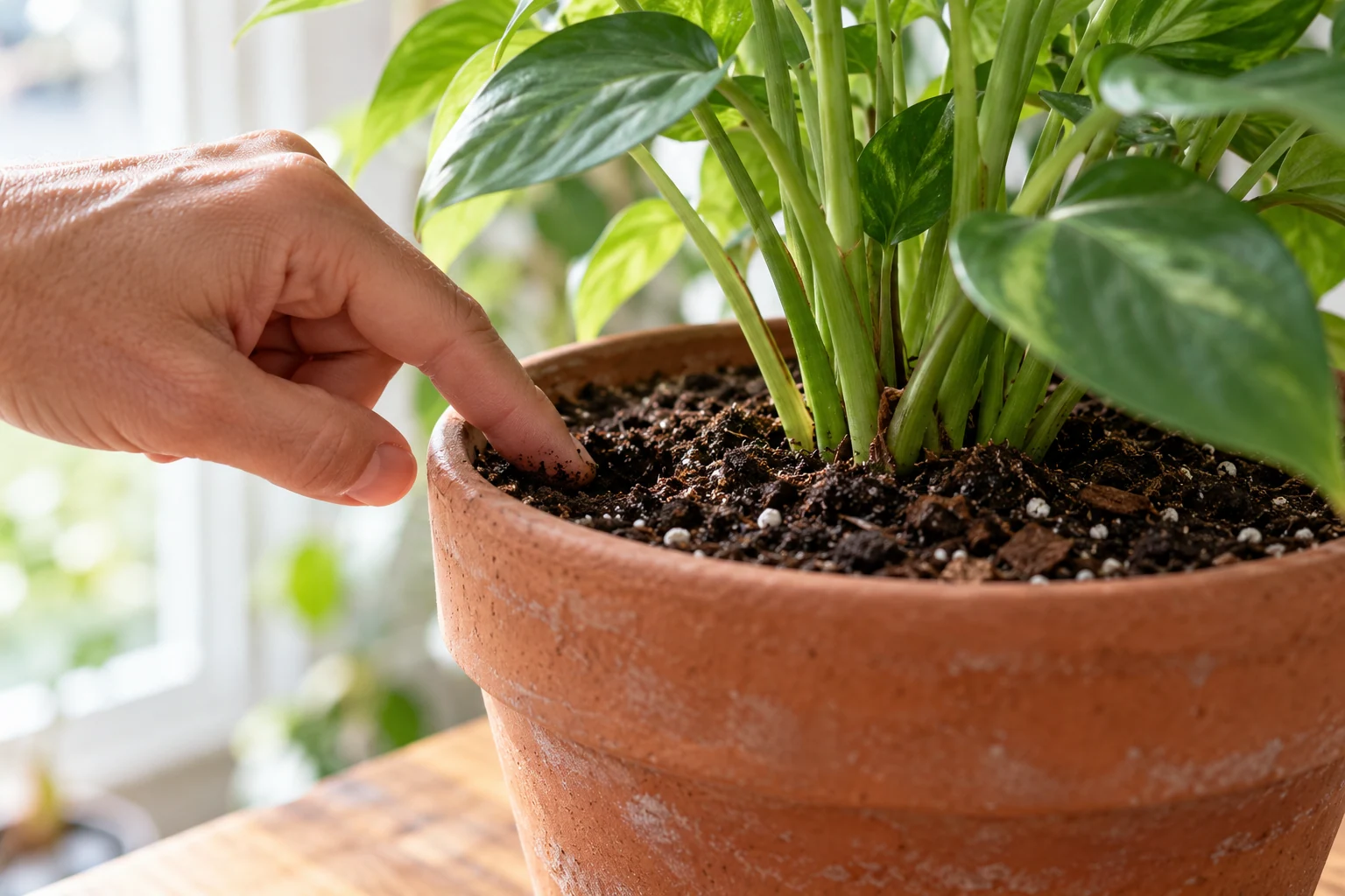 Mano comprobando la humedad del sustrato de una planta en maceta