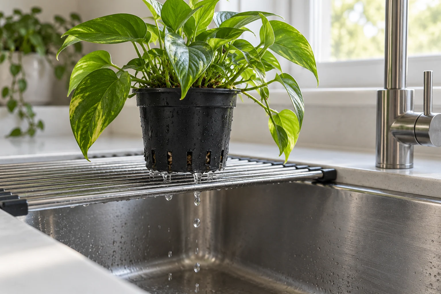 Maceta con una planta escurriendo sobre una rejilla