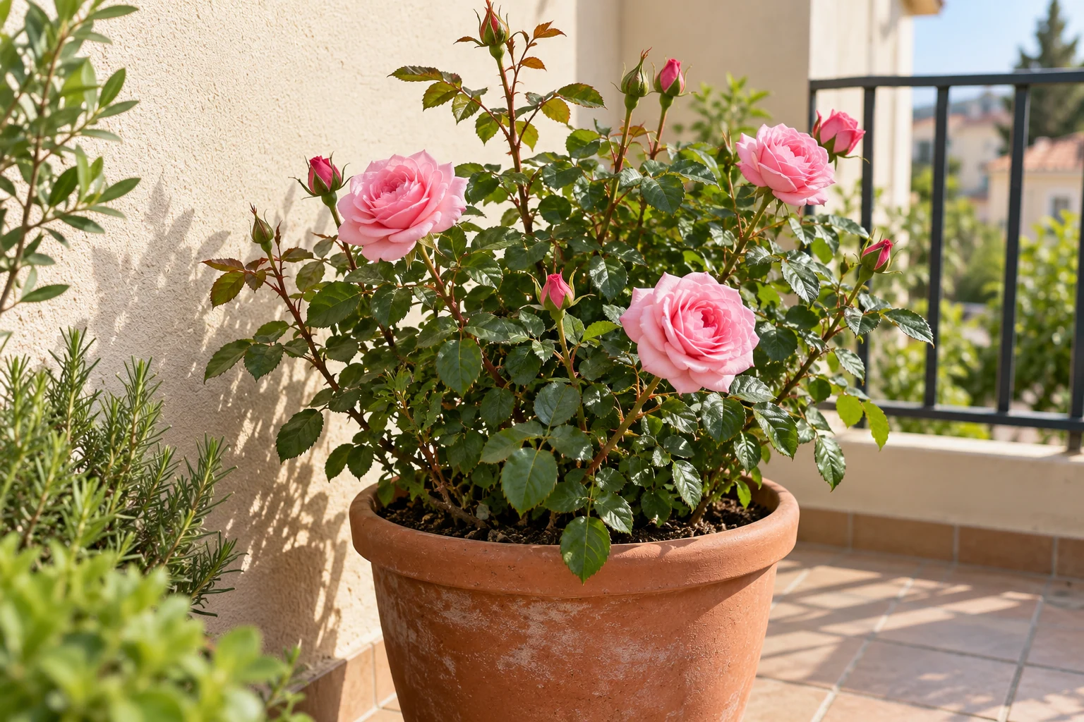 Rosal de patio con flores rosadas en una maceta de barro profunda sobre un balcón soleado