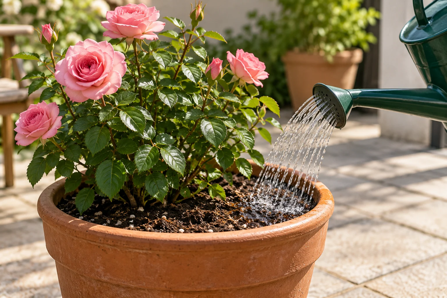 Una regadera aporta agua al sustrato de un rosal en maceta sin mojar las flores