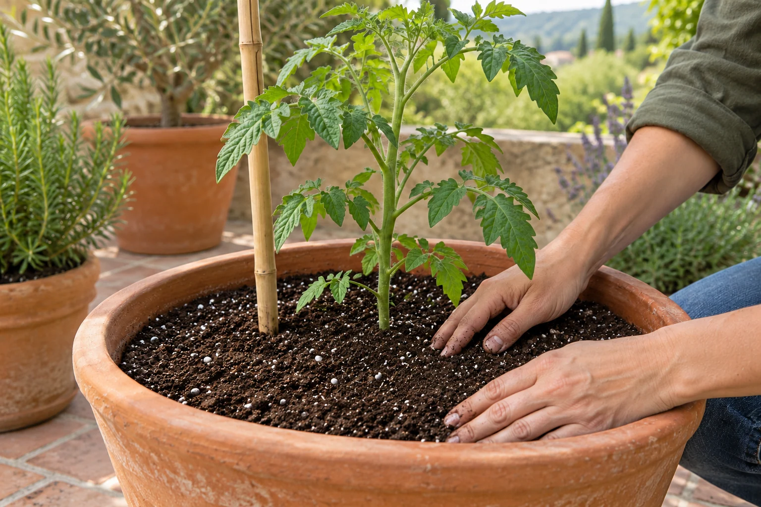 Plantación de una tomatera joven en una maceta amplia, con las hojas por encima del sustrato y el tutor colocado junto al cepellón