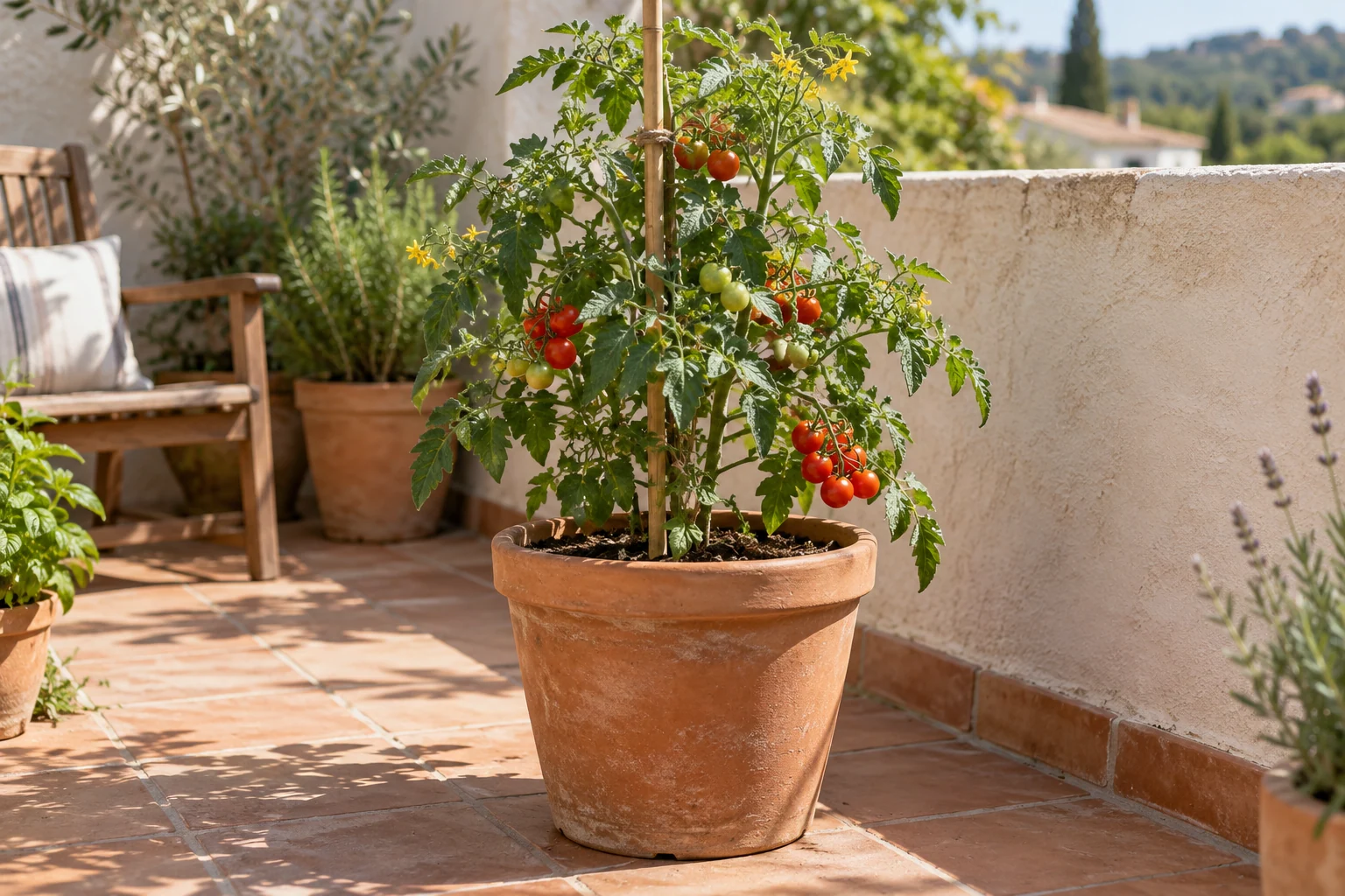 Una tomatera compacta con tomates verdes y maduros crece con soporte en una maceta grande de barro en una terraza soleada