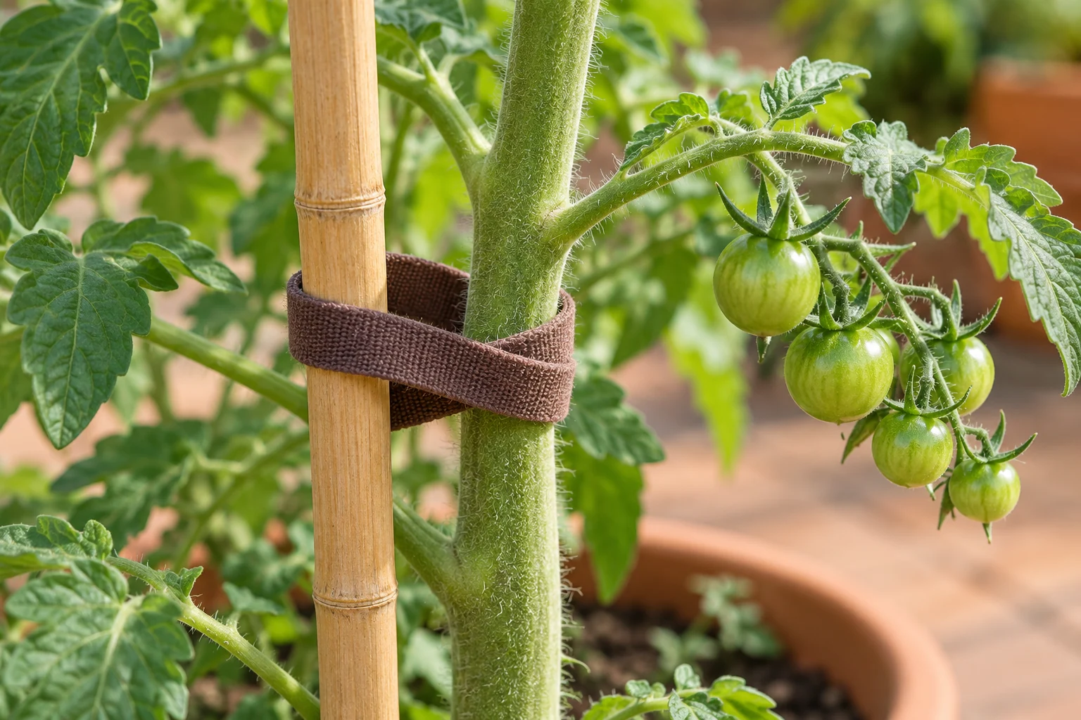 Detalle del tallo de una tomatera sujeto a un tutor de bambú mediante una cinta blanda holgada, con hojas y un pequeño racimo de tomates